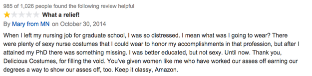 This reviewer was glad the costume finally put academia on the same level as nursing.